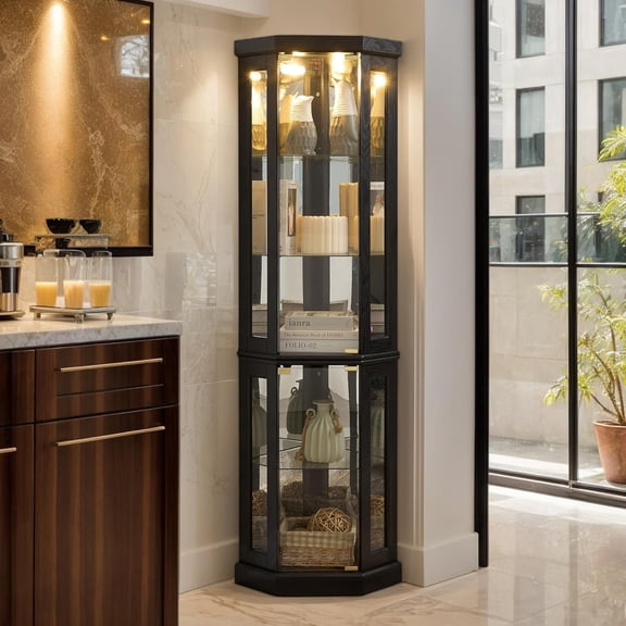 Corner Curio Cabinet, 70" H Lighted Glass Display Cage with Tempered Glass Doors and Adjustable Shelves, Bulb Inclued, Wine Bar China Cabinet for Living Room Liquor Storage (Black)