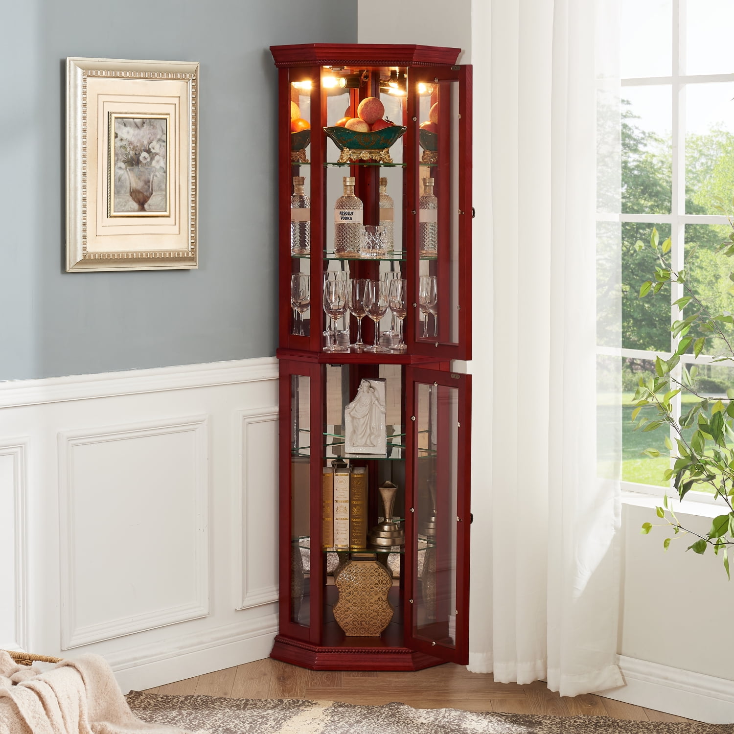 Lighted 3-Side Glass Display Curio Cabinet with Tempered Glass Doors ...