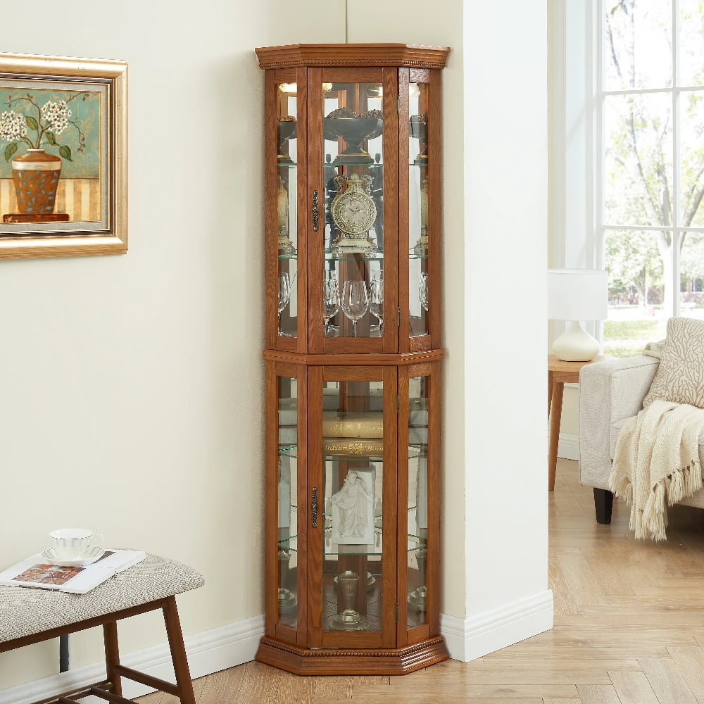 Oak Lighted Corner Curio Cabinet with Glass Shelves