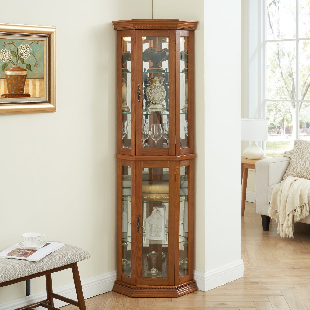 Oak Lighted Corner Curio Cabinet with Glass Shelves