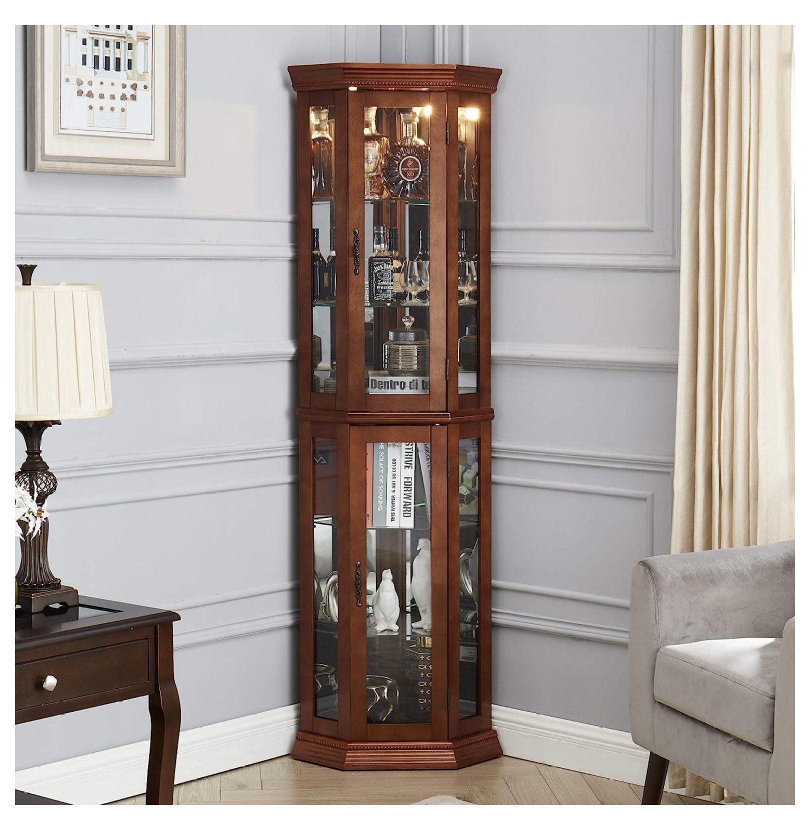 Corner Curio Cabinet with Lights, Glass Display Cabinet Display Case