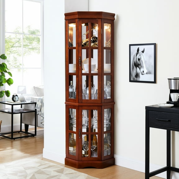 Corner Curio Cabinet With 5 Shelves And Lighting, Walnut Finish Style Multi-functional Lighting