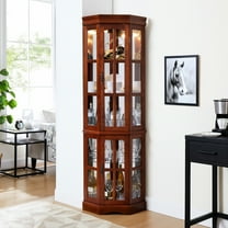 Corner Curio Cabinet With 5 Shelves And Lighting, Walnut Finish Style Multi-functional Lighting
