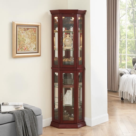 Corner Curio Cabinet with Lights, Adjustable Tempered Glass Shelves, Mirrored Back, Display Cabinet (E26 light bulb not included)