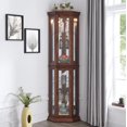 thumbnail image 1 of Corner Curio Cabinet with Lights, Adjustable Tempered Glass Shelves, Mirrored Back, Display Cabinet,Light Walnut (E26 light bulb not included), 1 of 9