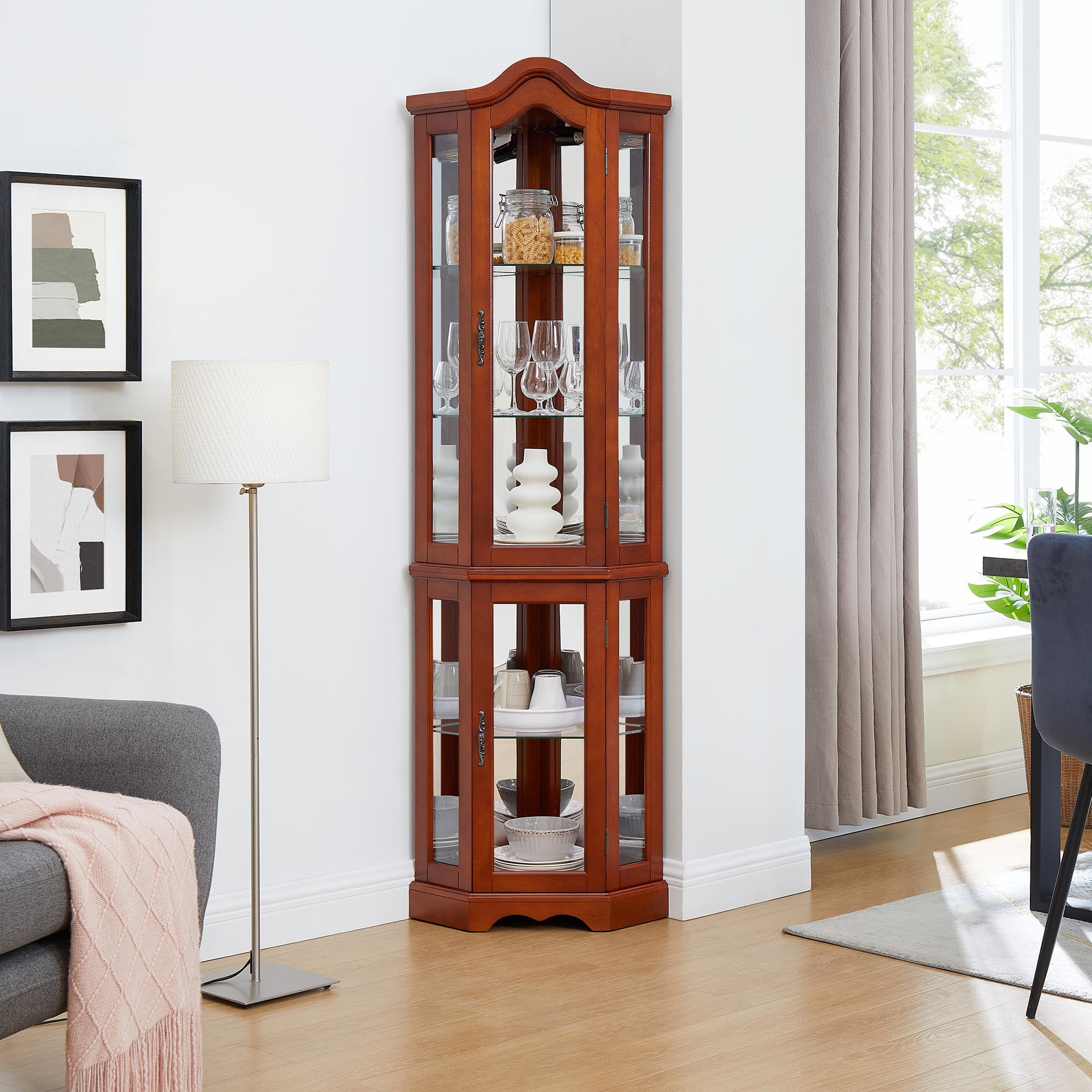 Corner Curio Cabinet with Lights Adjustable Tempered Glass Shelves Mirrored Back Display Cabinet Walnut E26 light bulb not included Walmart