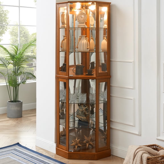 Corner Curio Cabinet with Lights | Ideal for Displaying Collectibles | Mirrored Panel and Adjustable Shelving | Coordinates with Home Styles