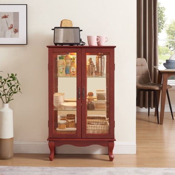 Corner Curio Cabinet with Tempered Glass, Mirrored Back Panel and Adjustable Shelves, Light Included,Cherry