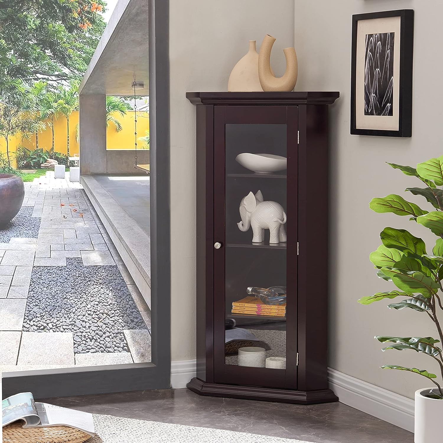 Corner Curio Storage With Glass Door, Cherry Finish