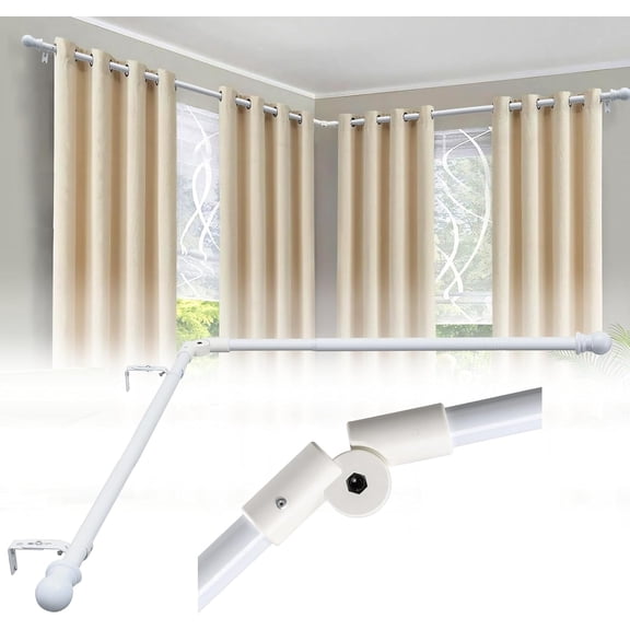 Corner Curtain Rod for Windows 1 Inch - Adjustable 30-136 inch for Bay/Right Angle Windows, Heavy-Duty Rustproof Metal Curtain Rod for Corner Window (White)