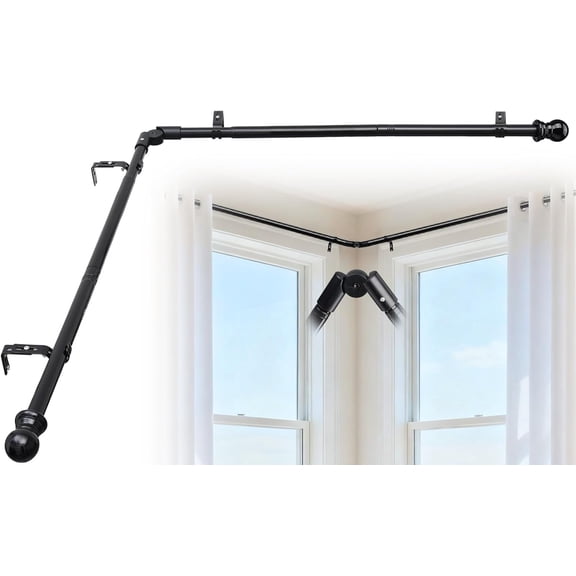 Corner Curtain Rod for Windows, 29"-68" Adjustabel L Shaped Black Curtain Rods with Brackets & 180 Rotating Connector, 1 inch Heavy Duty Telescoping Drapery Rod for Living Room Bedroom