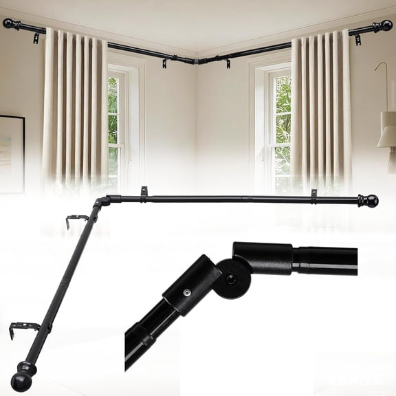 Corner Curtain Rod for Windows 30 to 136 Inches, Adjustable Heavy Duty 1 Inch Metal L Shaped Corner Window Curtain Rod with Brackets&Decorative End Drapery Rods for Bedroom, Living Room, Glossy Black