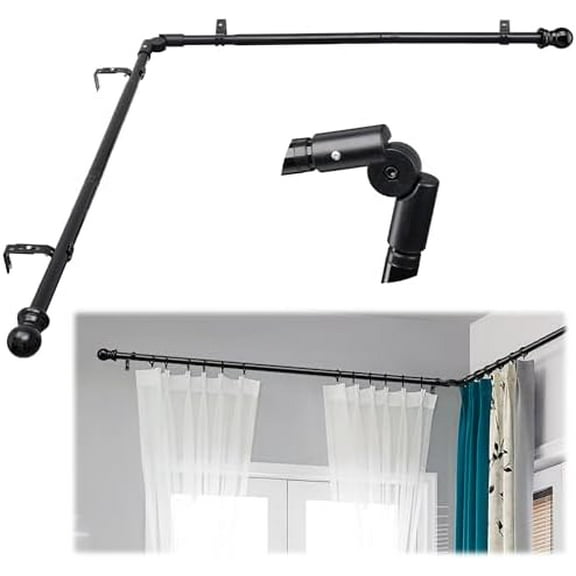 Corner Curtain Rod for Windows 30 to 136 Inches, L-shaped Curved Heavy Duty Corner Window Curtain Rods, Adjustable Renter Friendly 1 Inch Black Drapery Rods for Bedroom Living Room