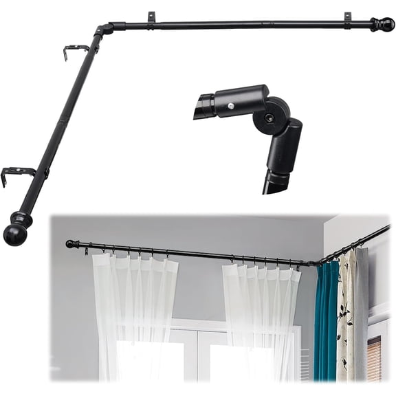 Corner Curtain Rod for Windows 30 to 136 Inches, L-shaped Curved Heavy Duty Window Rods, Adjustable Renter Friendly 1 Inch Black Drapery Rods Bedroom Living Room
