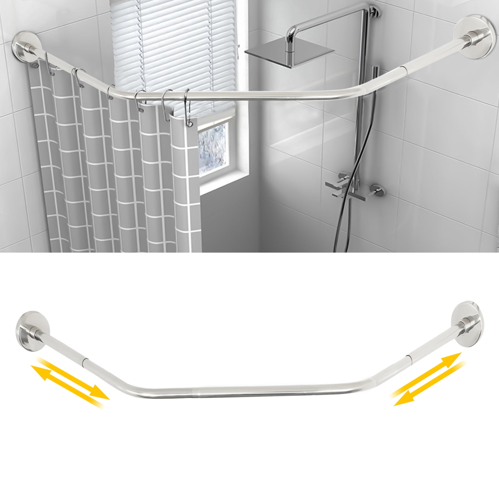 Corner Curved Shower Curtain Rod, Adjustable 304 Stainless Shower Rod ...