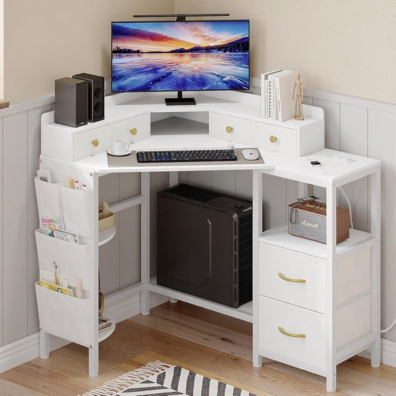 Corner Desk with 6 Drawers Shelves for Small Space Computer Desk with Power Outlets,Gaming Desk with Printer Monitor Stand Storage for Home Office Workstation Writing Table (White, 31.5)