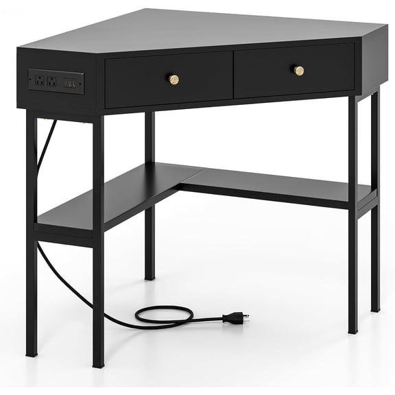 Corner Desk with Charging Station, 90° Triangle Desk w/ 2 Drawers, Storage Shelves, Corner Vanity Table for Bedroom, Compact Computer Desk for Small Space