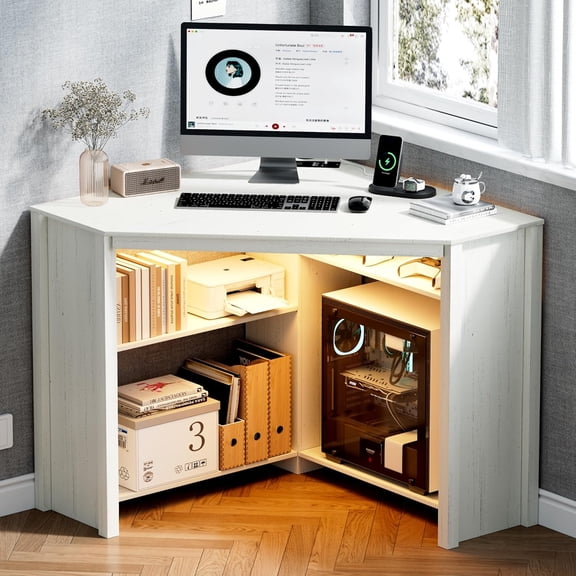 Corner Desk with Charging Station & LED Light, Triangle Computer Desk for Small Spaces with Storage Shelves & CPU Stand, Space Saving Writing & Makeup Vanity Desk -White