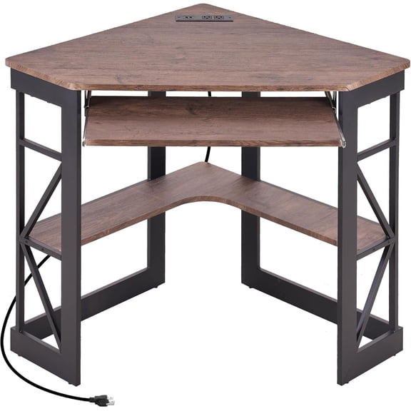 Corner Desk Computer Desk 41'x30'with Charging Station & Keyboard Tray & Storage Shelves for Small Space,Triangle Table for Home Office Bedroom,Rustic Natural Brown