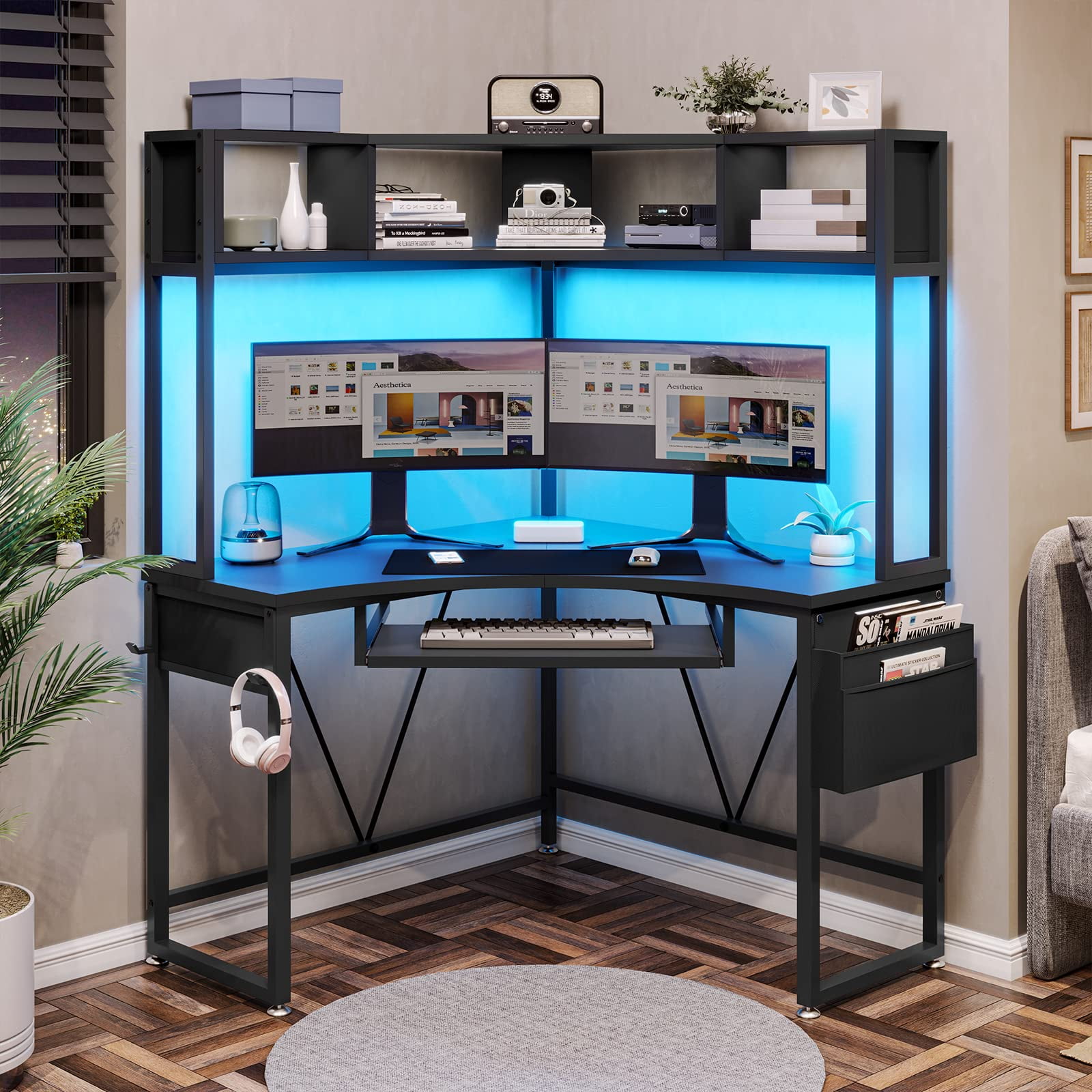Corner Desk, Computer Desk with Hutch and LED Lights for Home Office