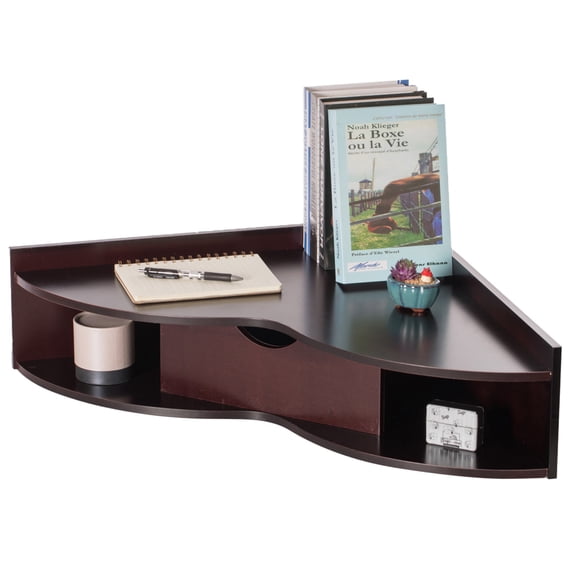Basicwise Wall Mounted Folding Desk with Drawer & Shelves - Fold Down Table for Small Spaces, Home Office, Bedroom, Laundry - 33x23.5 in, Brown, Modern Floating Workspace, Space-Saving Design