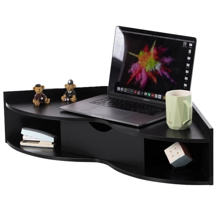 Basicwise Wall Mounted Folding Desk with Drawer and Two Shelves - Fold Down Floating Desk for Small Spaces, Writing Table, Laptop Workstation, Space Saving, Easy Assembly, 33 x 23.5 x 7 in, Black
