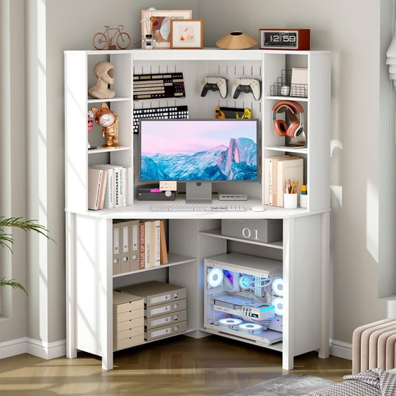 Corner Desk with Shelves-&LED Reading Light,Triangle Home Office Desk w/Charging Station for Work & Study,File Cabinet Storage Bookshelf for Small Space (White)