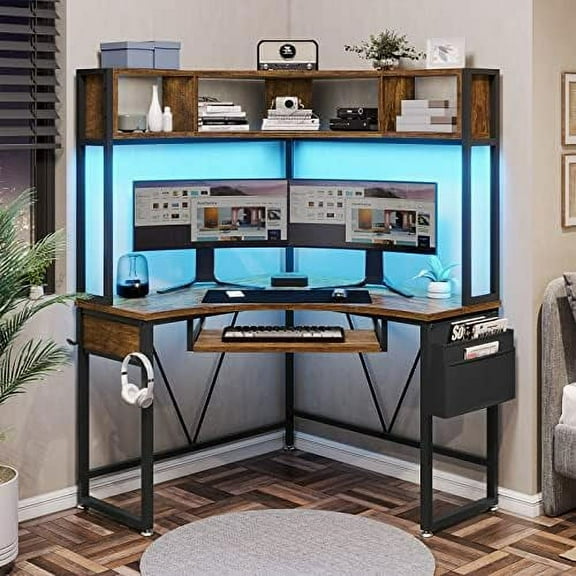 Corner Desk, Small Computer Desk with Hutch & LED Lights, Triangle Corner Computer Desk with Keyboard Tray, Storage Bag, and Headphone Hook for Small Space, Small Office Desk, Rustic Brown