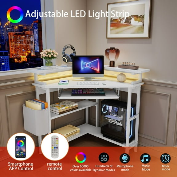 Corner Desk with Storage Shelves for Small Space 90 Degrees Triangle Computer Desk with Power Outlets,Gaming Desk with Smooth Keyboard & LED Lights Monitor Stand for Home Office (White)