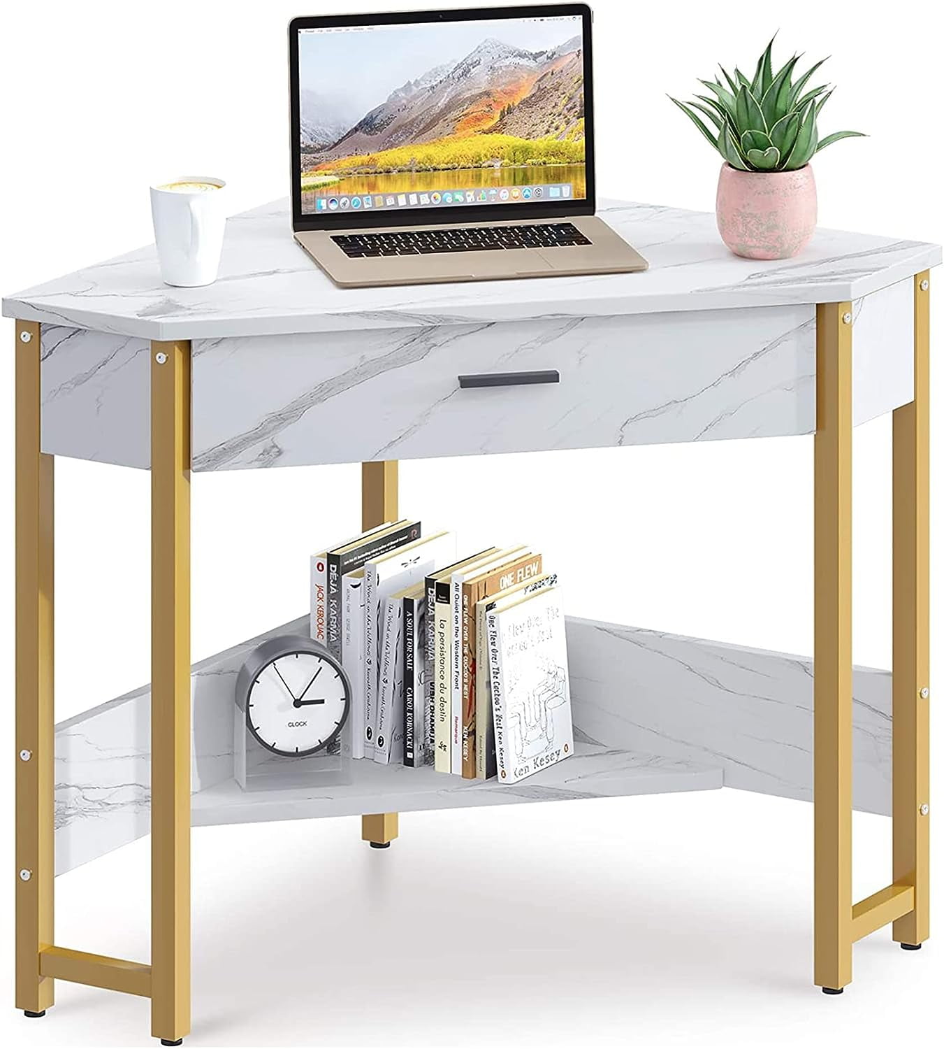 Sleek Black Wood Triangle Corner Desk with Large Drawer & Storage Shelves