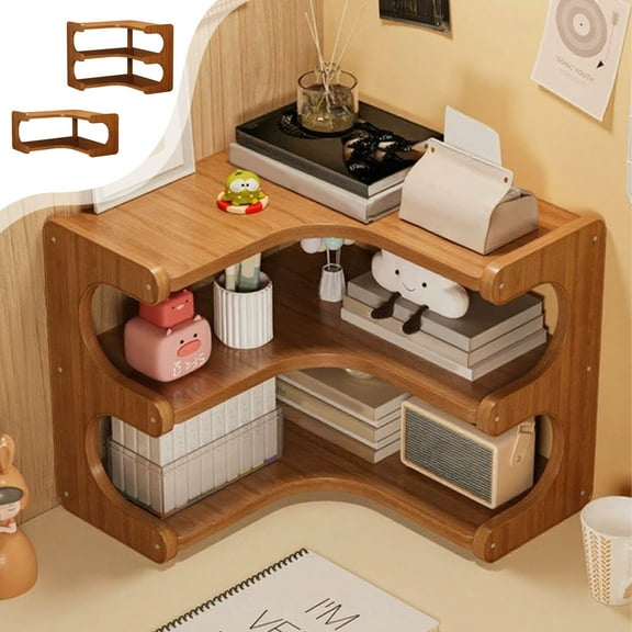 Corner Desktop Shelf Organizer, 3-Tier Wooden Storage Rack for Kitchen Counter, Office Desk & Bathroom Vanity, Coffee Mug and Daily Essentials Holder, Coffee Color 35x31x15cm