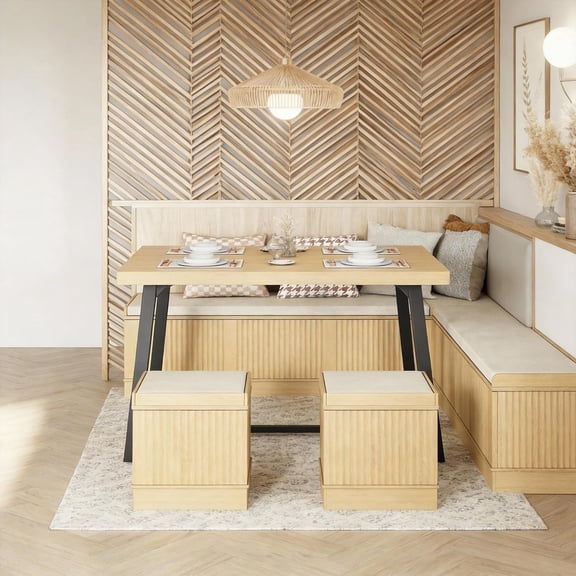 Corner Dining Table Set, 43 Inch Breakfast Nook Table Set with Bench with Hidden Storage & 2 Ottomans, 5-Piece Corner Bench Dining Table Set, Natural