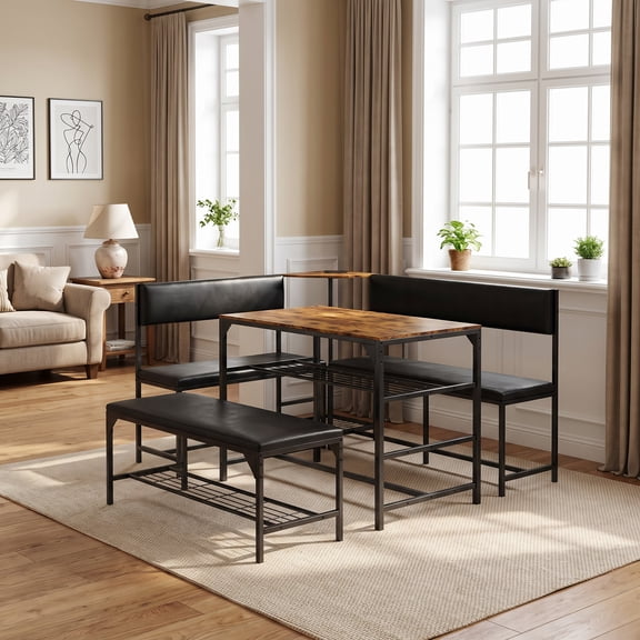 Corner Dining Table Set, L Shaped Breakfast Nook Set with Storage Shelves & Charging Station, Kitchen Booth Seating with Cushioned Bench for 4-6 People, Space Saving Dining Furniture, Vintage Brown