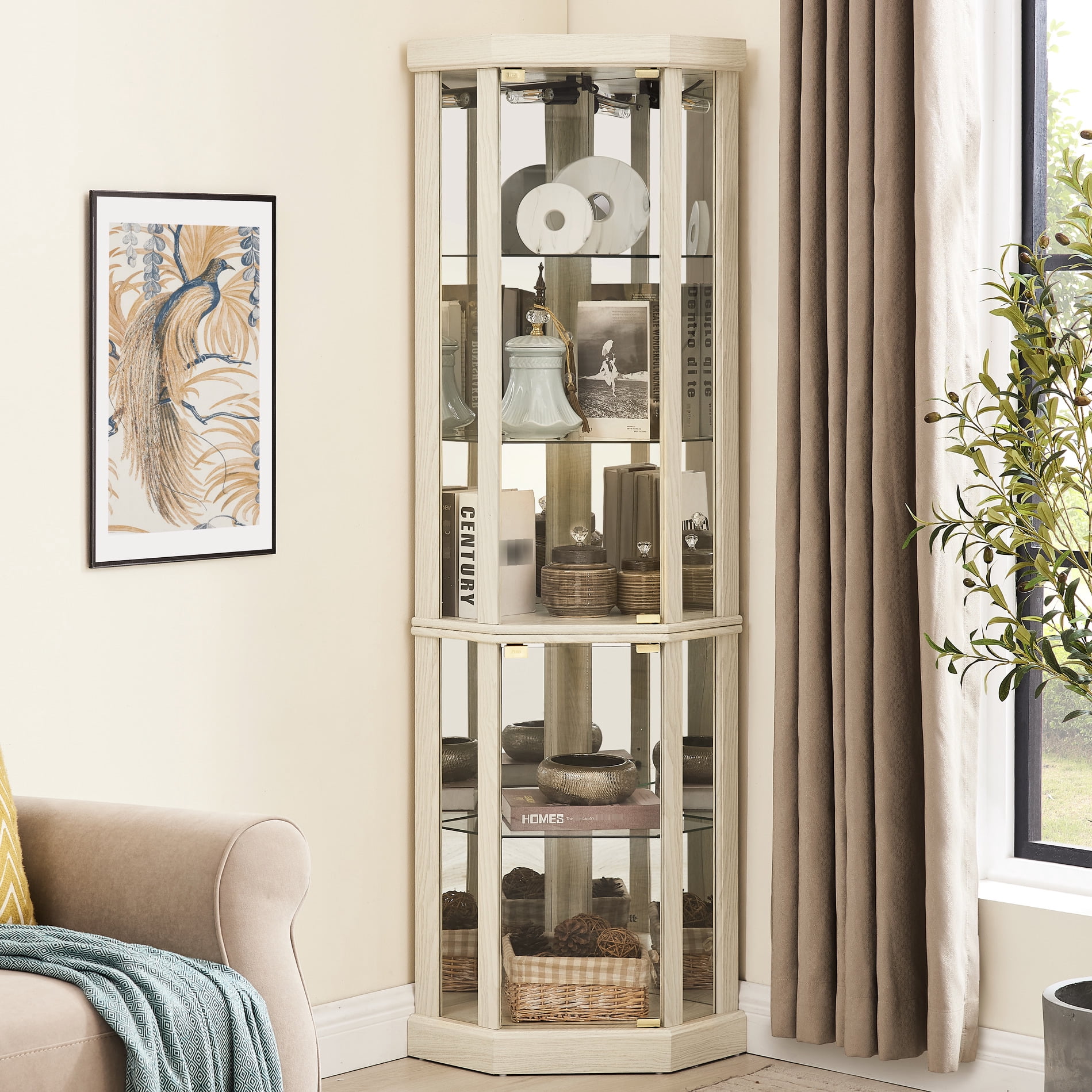 Corner Display Cabinet, Antique White Finish, Glass Doors, Lighted