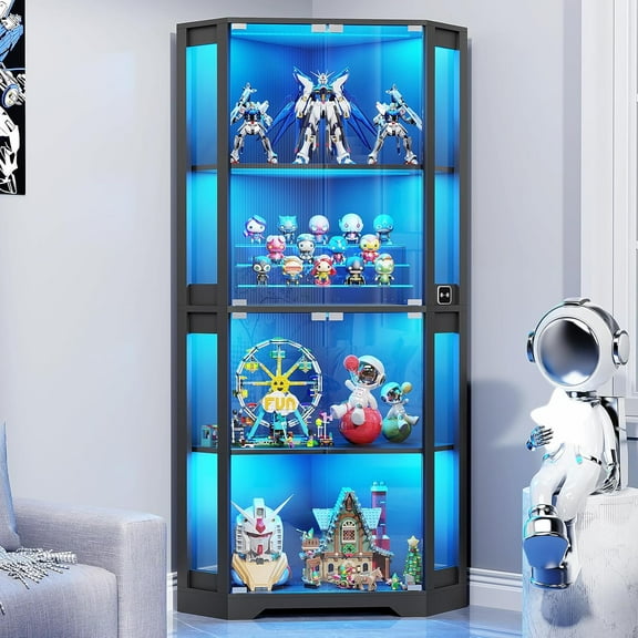 Corner Display Cabinet with Glass Doors, 65" Lighted Curio Cabinet with 3 Color Lights for Collectibles, 4-Tier Display Case with Human Body Sensor for Toys, Books, Black