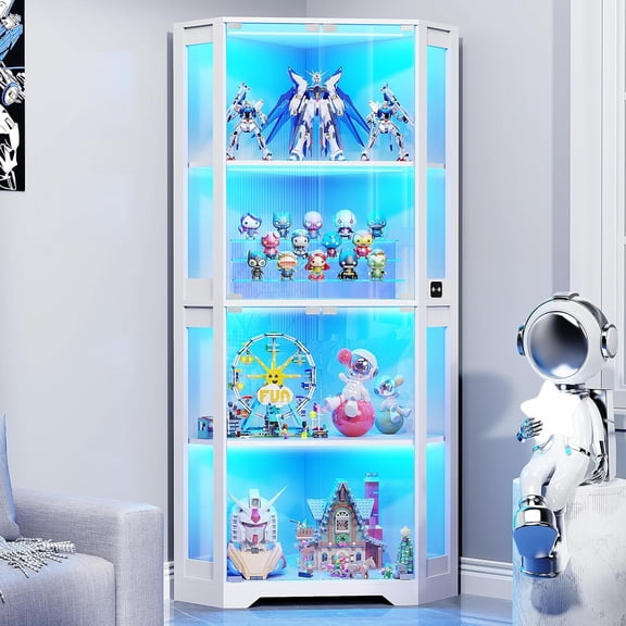 Corner Display Cabinet with Glass Doors, 65" Lighted Curio Display Case with 3 Color Lights for Collectibles, Books, 4-Tier Bookcase with Human Body Sensor, White