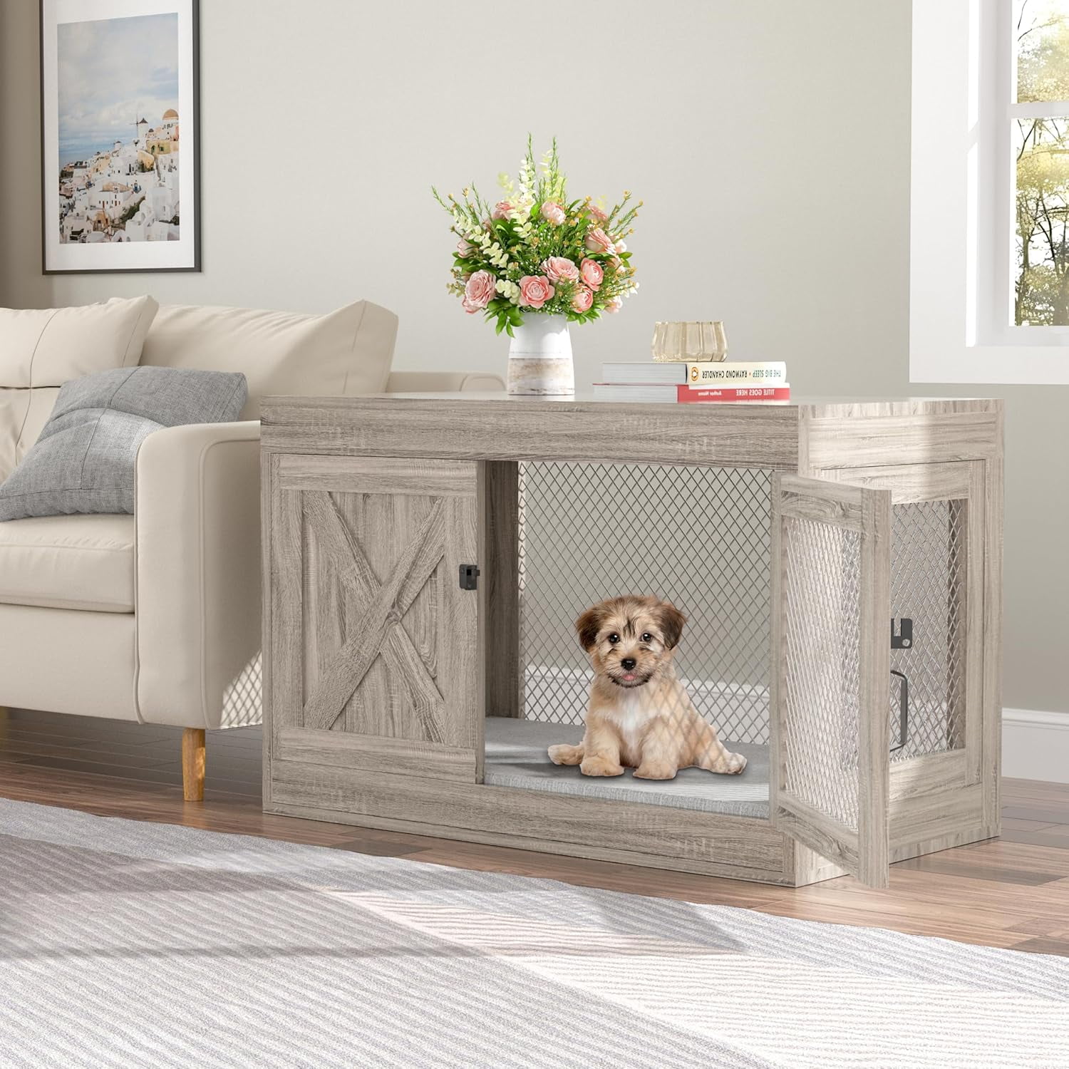 Corner Dog Crate Furniture with Double Doors, 36 Inch Wooden Dog Kennel