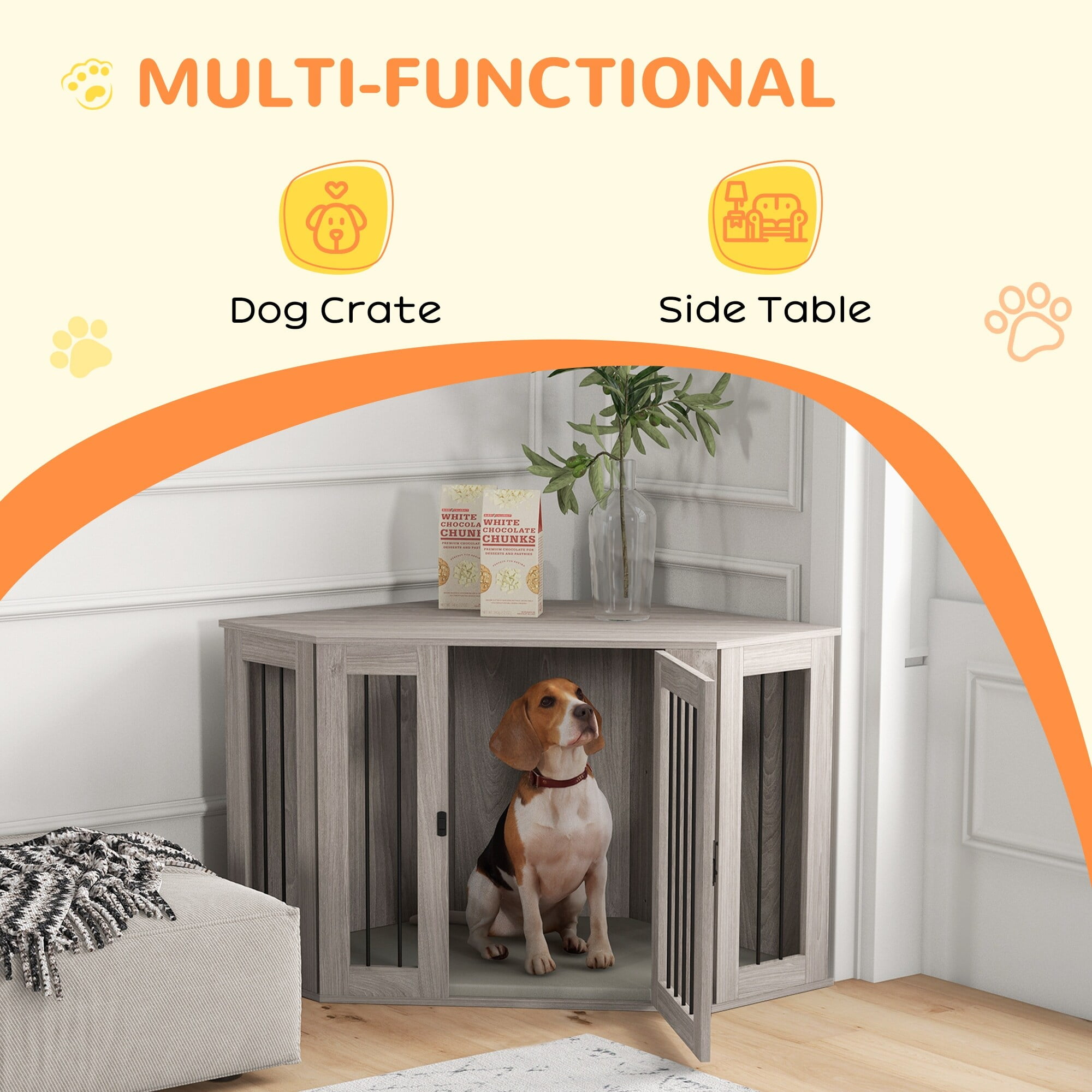 Large Gray Wood Corner Dog Crate Table
