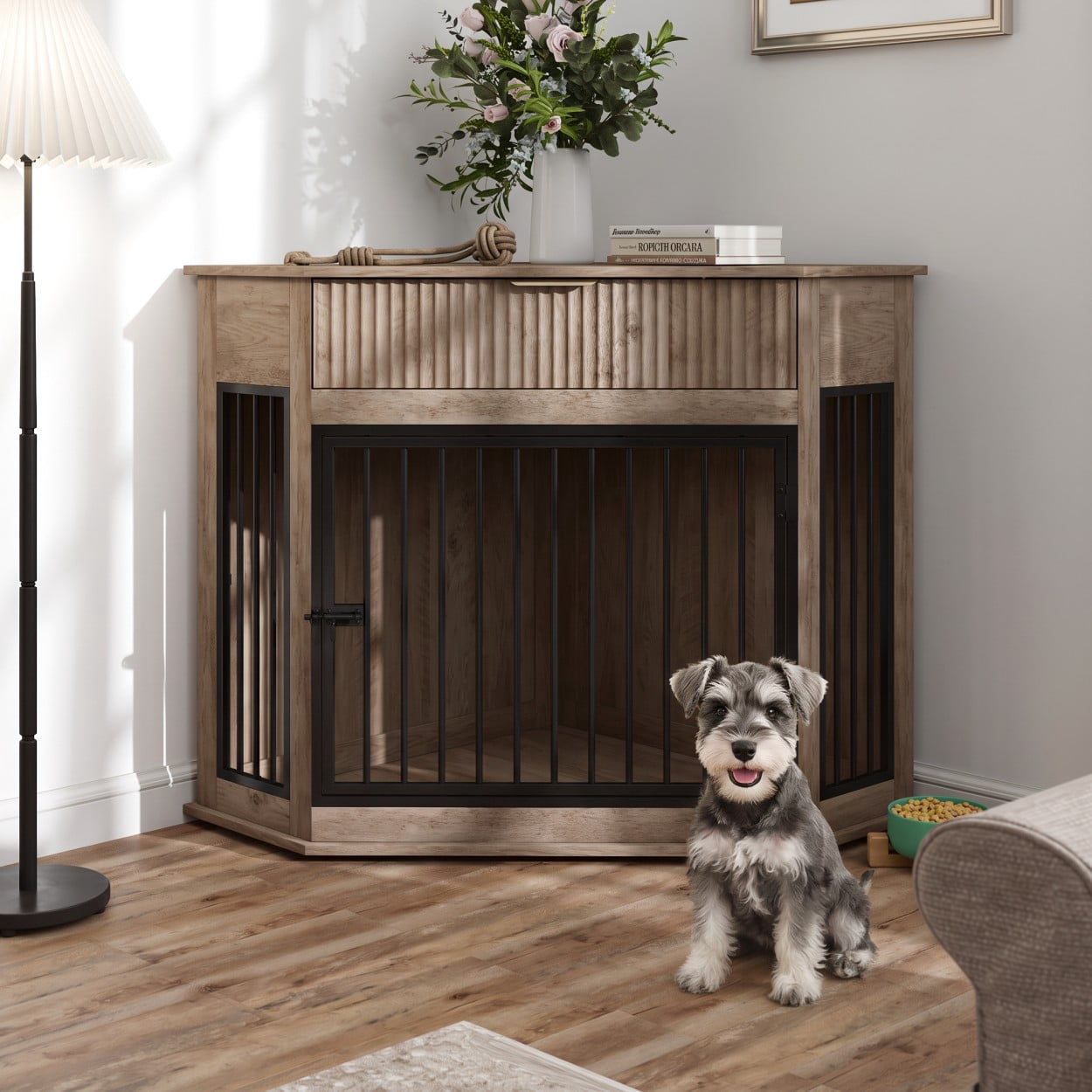 Corner Dog Crate Furniture for Small & Medium Dogs, MDF Kennel End Table with Fluted Drawer Storage, Space-Saving Indoor Dog Cage Cabinet, Grey
