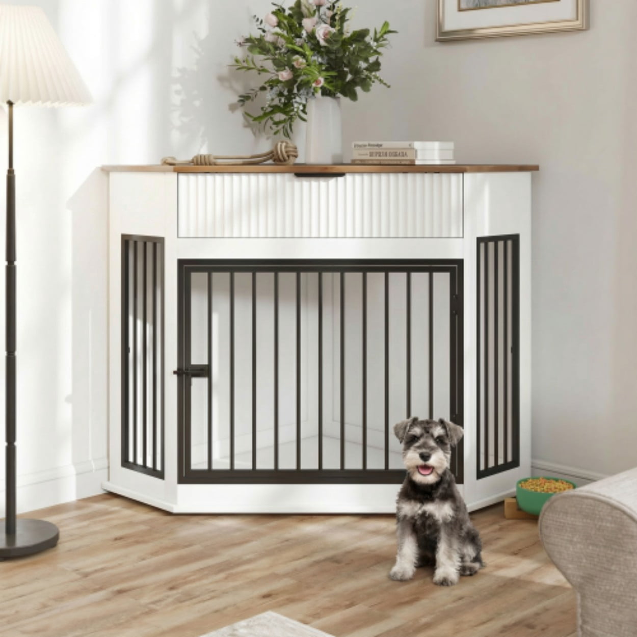 Corner Dog Crate Furniture for Small & Medium Dogs, MDF Kennel End Table with Fluted Drawer Storage, Space-Saving Indoor Dog Cage Cabinet, White