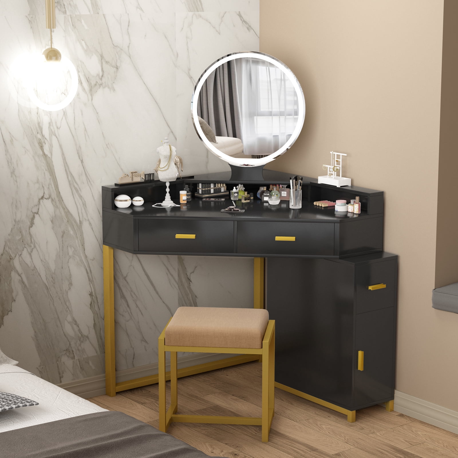 corner dressing table black PullaFun Corner Makeup Vanity Desk with Lights & Power Outlet