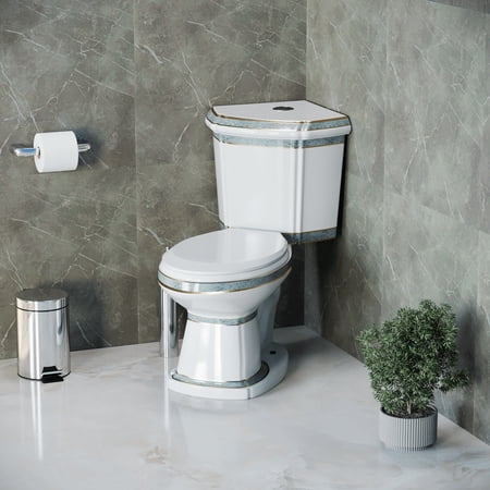 Renovators Supply Two-Piece Corner Toilet with White Elongated Bowl and Slow Close Seat - India Reserve with Green Gold Accent