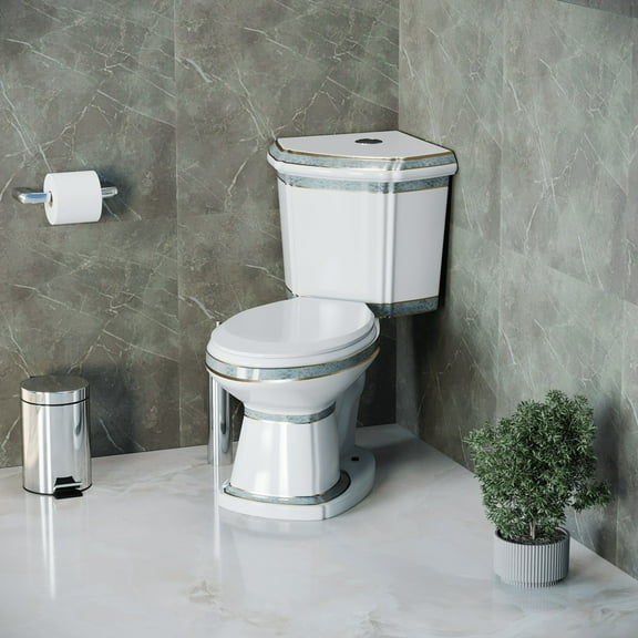 Corner Elongated Two Piece Dual Flush Bathroom Toilet India Reserve Design Green Gold Painted Renovators Supply