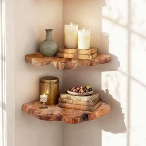 Corner Floating Shelf Set Of 2  Solid Cedar Wood 10.86 X 11.5 Inches Shelves For Bedroom Living Room Bathroom Kitchen