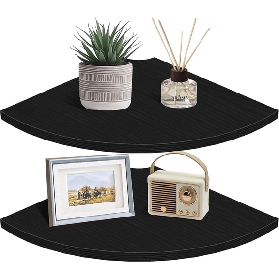 Corner Floating Shelves, 12" Deep Corner Shelves Wall Mounted with Cord Hole, 2 Tier Curved Corner Hanging Shelving for Wall Storage, for Cable Box, TV Cords, Books, Plants, Black
