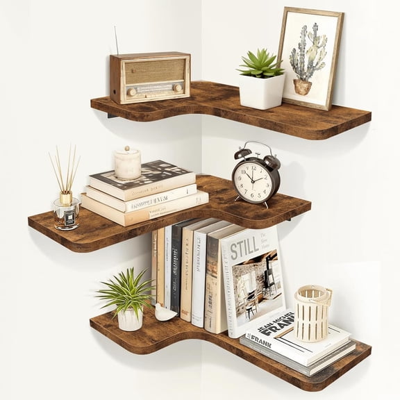 Corner Floating Shelves, Corner Shelves Wall Mounted with Cord Hole, Set of 3 L Shape Wood Wall Storage Shelves for Living Room Bedroom Bathroom Kitchen, Rustic Brown