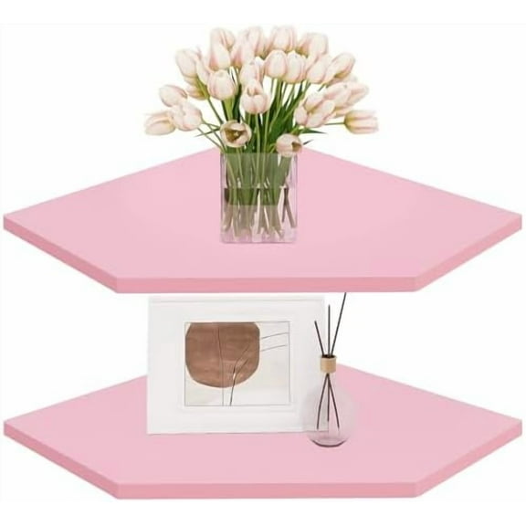 Corner Floating Shelves, Corner Wall Shelf with Cord Hole, 2 Tier Wood Hanging Corner Shelf for Bathroom, Bedroom, Living Room, Pink