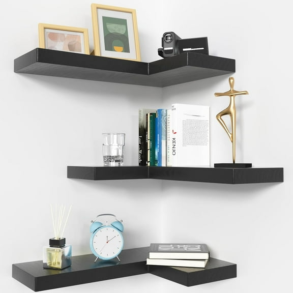 Corner Floating Shelves with Invisible Brackets, Corner Shelves Wall Mounted Set of 3, Bedroom Bathroom Kitchen Living Room Office- Gothic Style 16.6" x 6" (Black)
