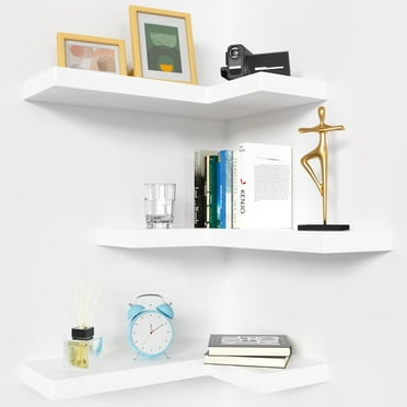 Corner Floating Shelves with Invisible Brackets, Corner Shelves Wall Mounted Set of 3, Wall Shelves for Bedroom Bathroom Kitchen Living Room Office- Modern Style 17" x 6" (White)