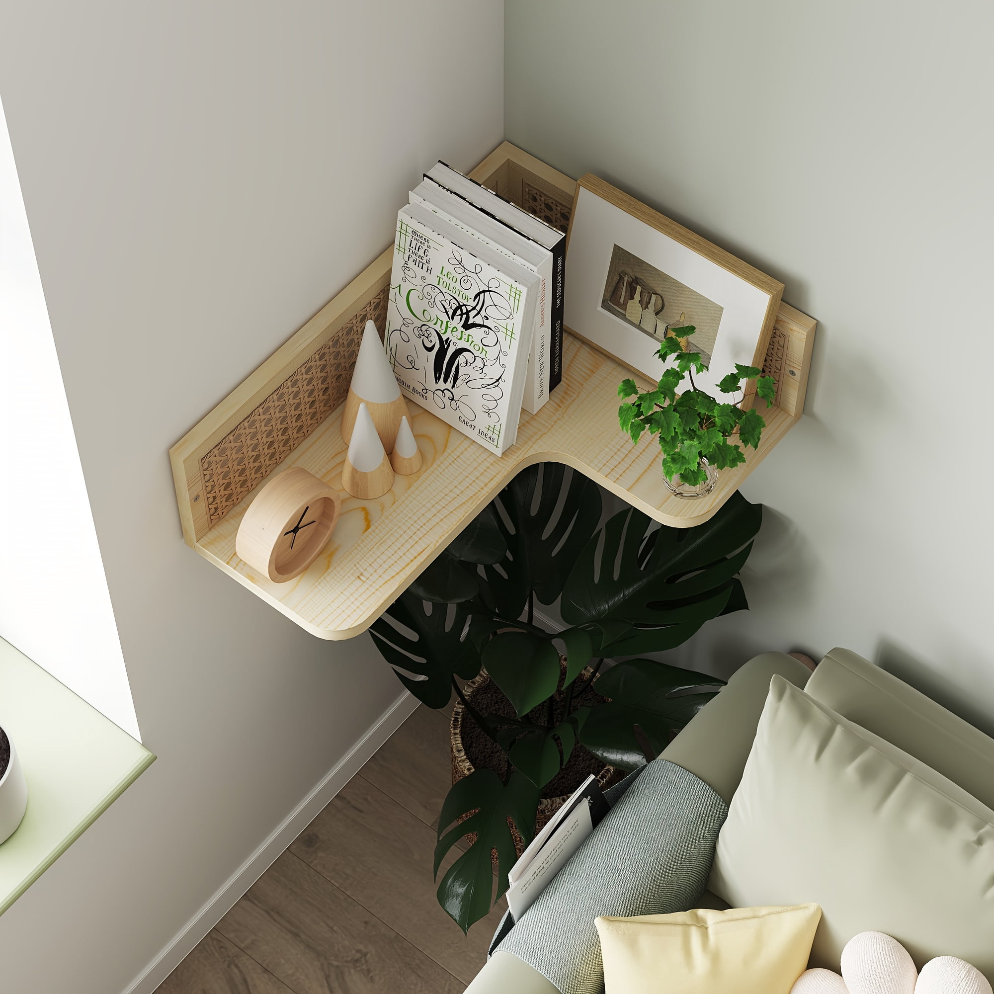Corner Floating Shelves Made of Natural Pine Wood and Rattan, Bohemian